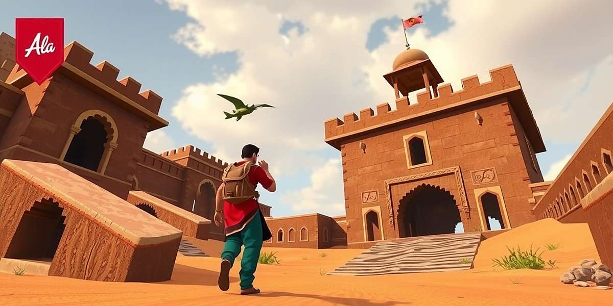 Tamarind Trek Indian Path - Rajasthan Desert Level Screenshot of Tamarind Trek Indian Path showing a character in traditional Rajasthani attire exploring a desert fort